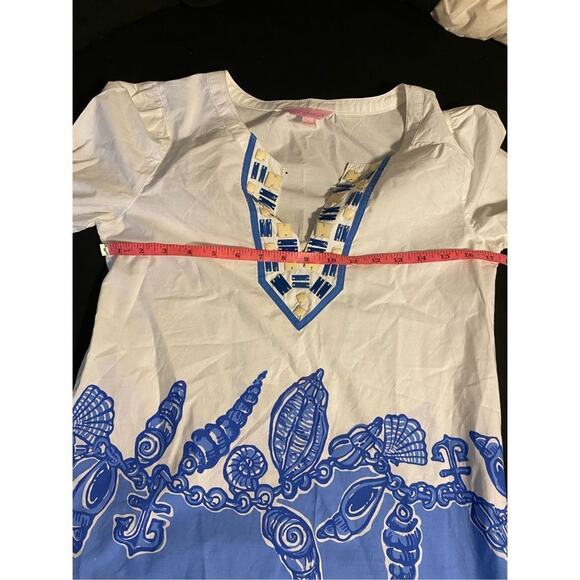 Lilly Pulitzer Blue White Tunic Blouse Vibrant Shell Turtle Print, Sz Small - Picture 7 of 8